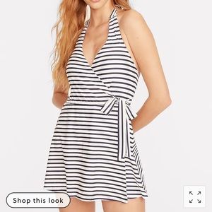 Halter wrap swim dress in stripes